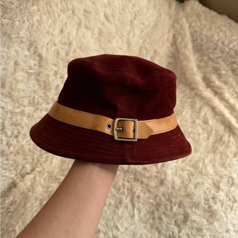 COACH Vintage Suede Burgundy Bucket Hat with Tan Accent Leather
